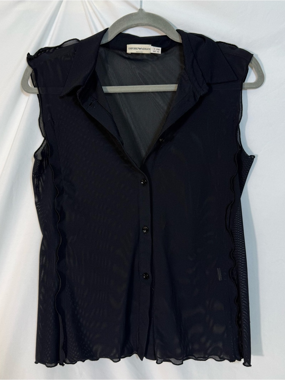 Emporio Armani Womens size 10 Black Sheer Mesh Sleeveless Collared Button-Up Top